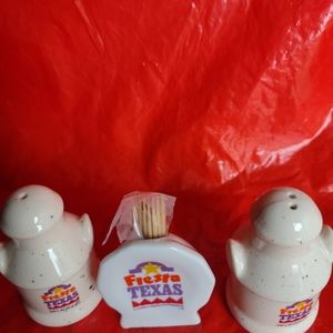BRAND NEW!! VINTAGE FIESTA TEXAS SALT& PEPPER SHAKERS, AND TOOTHPICK HOLDER.